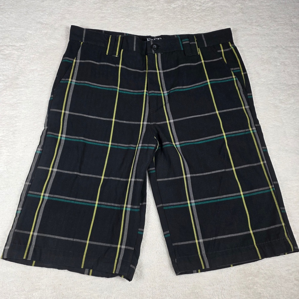Free World Plaid Shorts Mens 36 Black Yellow Skate Streetwear Casual Grid Grunge